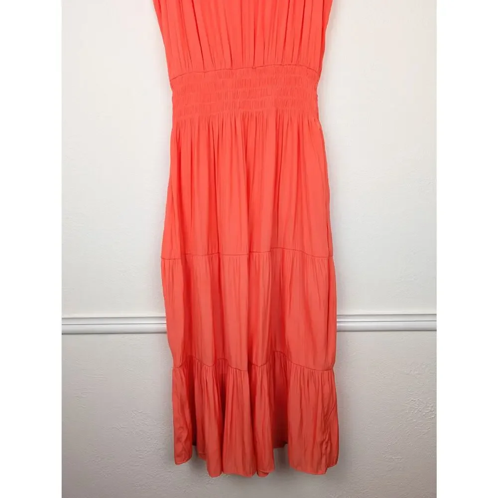 Ramy Brook Edenn Midi Dress Tiered Smocked Boho Keyhole Coral Pink Orange Size S